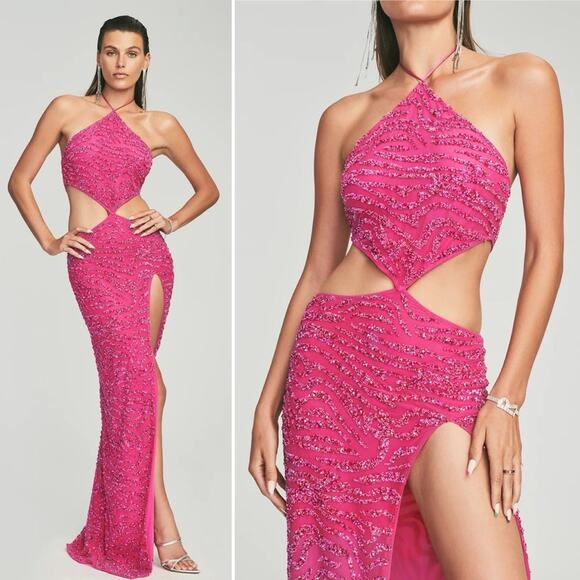 RETROFETE Hendrix Sequin Tiger Stripe Dress Fuchsia Pink Beaded Cutouts Maxi NEW - Picture 1 of 10